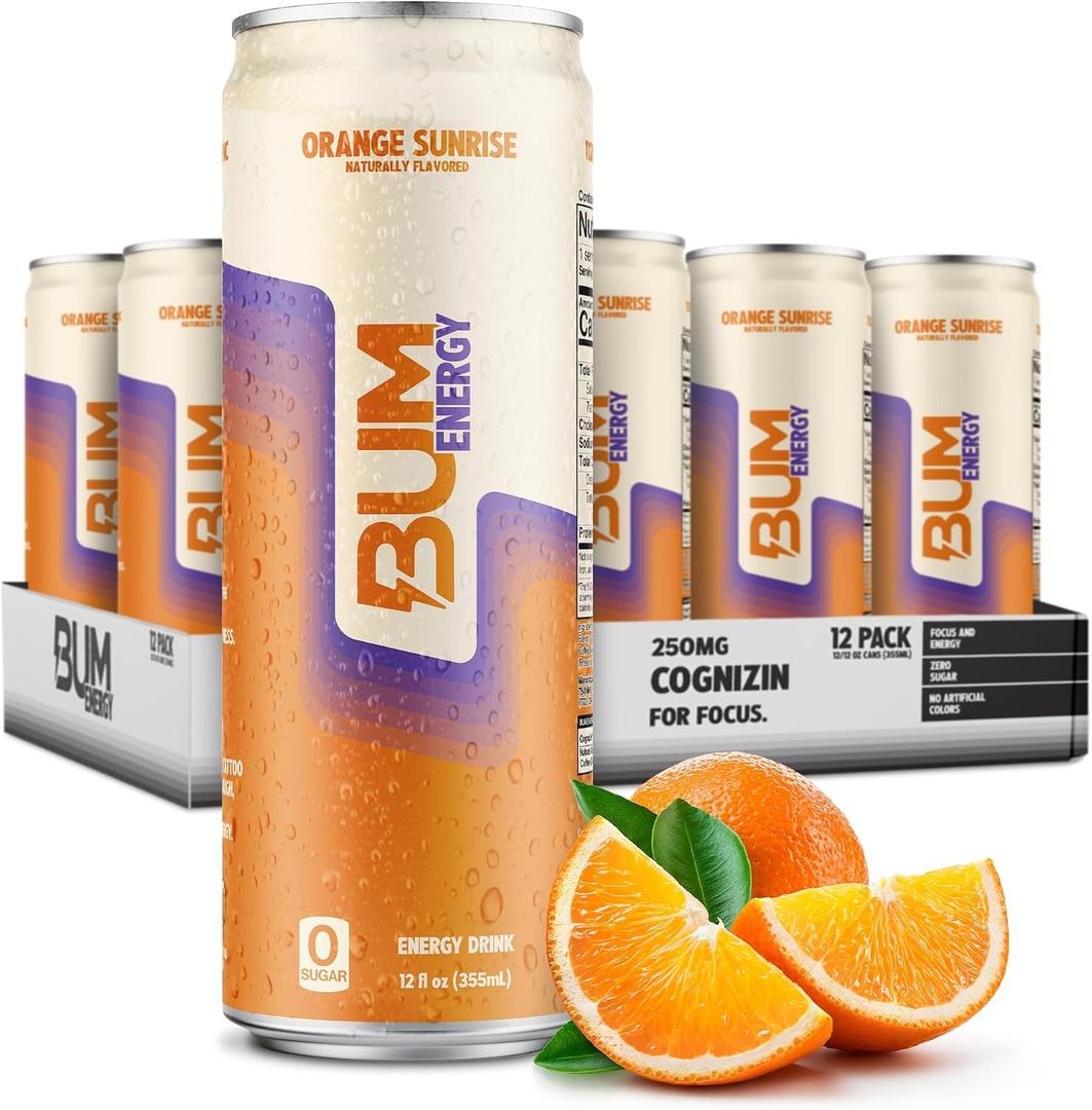 BUM Sugar-Free Energy Drink, Orange Sunrise - Lightly Carbonated & No Artificial Colors, Natural Caffeine & Citicoline for Energy & Focus, Brain Boost & Workout Sports Beverage - 12 oz, Pack of 12, BBD 09/12/2027
