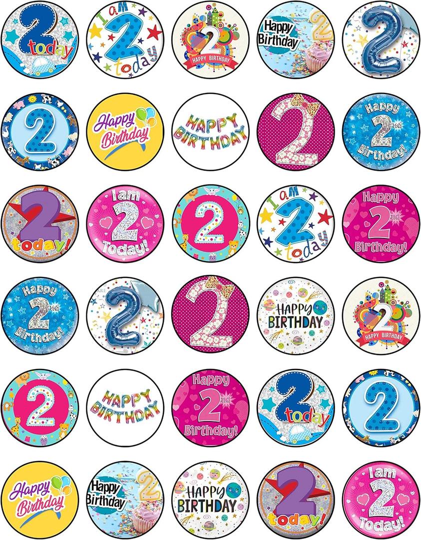 30x 2nd Birthday Cupcake Toppers – Edible Happy Birthday Décor, Wafer Sheet Cake Decorating