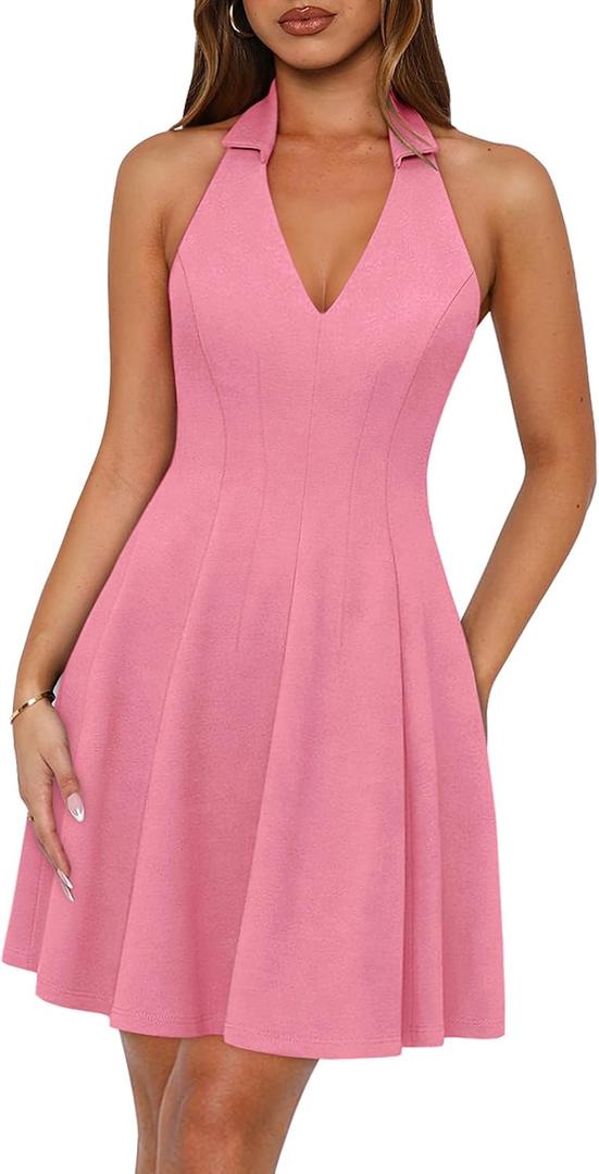 Lazysmile Summer Dresses for Women Sleeveless Halter Short Dress