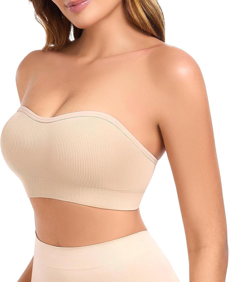 Strapless Bras for Women Non-Slip Padded Bandeau Bra Wireless Tube Top Bra Including Clear Straps (Beige, L)