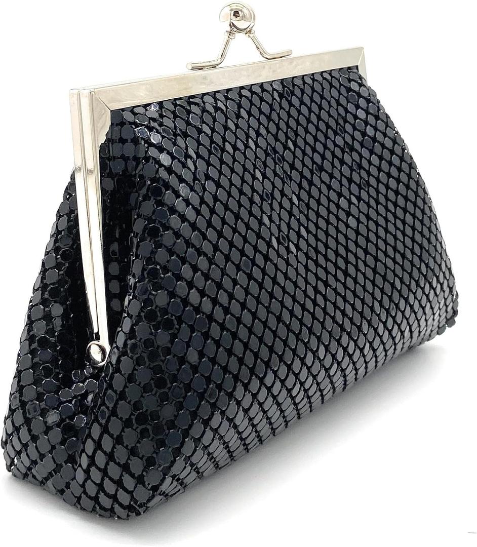 Vintage Clutch Purse for Women  Retro Metal Mesh Mini Evening Bag with Kiss Lock & Chain Strap for Wedding Party Prom Gift (Black)