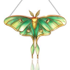 Stained Glass Window Hanging, Luna Moth Suncatcher for Window Decor, Gift for Women Mom Grandma and Art Lover, Ideal Gifts, Elegant Home Decor 5.8x7.3 Inch, Garden, Patio (Green)