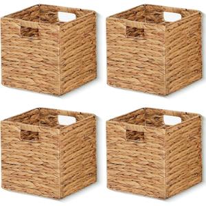 11x11x11in Storage Baskets Wicker Cubes Set of 4 Baskets ,Foldable Water Hyacinth Baskets,Handwoven Storage Baskets for Shelves,Kitchen or Outdoor