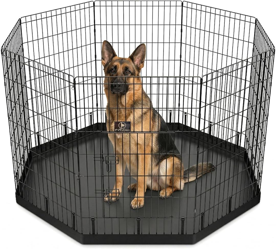 PJYuCien Dog Playpen with Bottom Pad - Metal Foldable Exercise Pen, 8 Panels 42" H x 24" W Indoor Outdoor Pet Fence Puppy Crate Kennel, Black