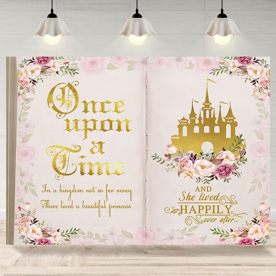 10x8ft Once Upon a Time Backdrop Fairy Tale Books Pink Floral Princess Castle Photography Background Romantic Wedding Birthday Party Banner Decorations Cake Table Decor