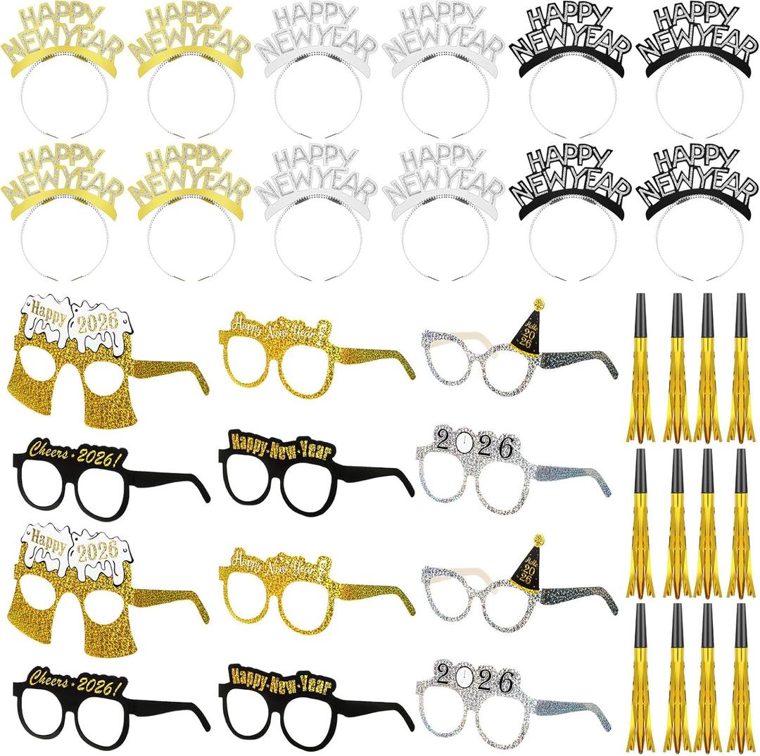 Yunsailing 36 Pieces New Years Eve Party Supplies 2026 Glasses Black Silver and Gold Headbands for Happy New Years Eve Party Decorations Accessories