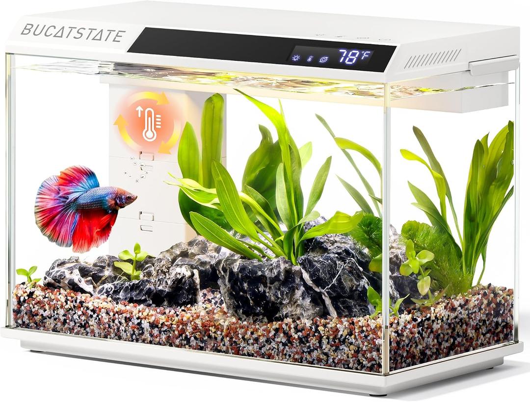 BUCATSTATE 2.6 Gallon Fish Tank, 3 Stage Filtration with Independent Waste Compartment Aquarium, Quiet 3 in 1 Pump, Real-Time Temp Display, 8-Mode LED Light Fish Tank (White)
