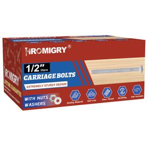 1/2" x 1-1/2" Carriage Bolts (25 PCS), Hot Dip Galvanized, Heavy Duty Round Head with Washers and Nuts