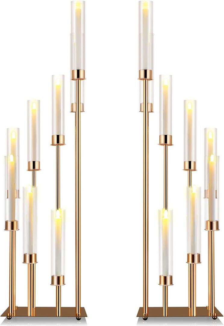 Dandat 2 Candle Holders 41.5" Tall Cluster 8 Arms Acrylic Candelabras Centerpieces Floor Candelabra Standing Candelabra with Clear Acrylic Shades for Flameless Candle for Wedding Spring (Gold)