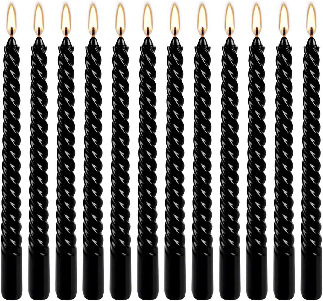 10 Inch Black Spiral Taper Candle Set, 12 Pack Unscented Dripless Candlesticks for Halloween,Dinner,Party Brithday Wedding and Home Decoration