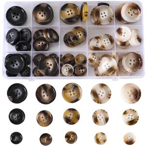 3 x 110-Piece Resin Sewing Buttons Set, 4-Hole Round Buttons, 15mm/ 20mm/ 25mm, 5 Colors for Blazers and Coats Brown/ Black