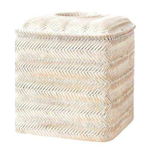 Tissue Box Cover Square Resin Tissue Holder for Home Decor,Hand Carved Wicker Tissue Box Holder,5.3 x 5.3 x 5.9 inches, Farmhouse White