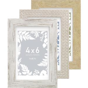An&He 4x6 Picture Frames Set of 3, Rustic Vintage Photo Frame with HD Plastic Cover, for Wall Hanging or Tabletop Display, Excellent Decorative Artwork (Oak+Grey+OW)