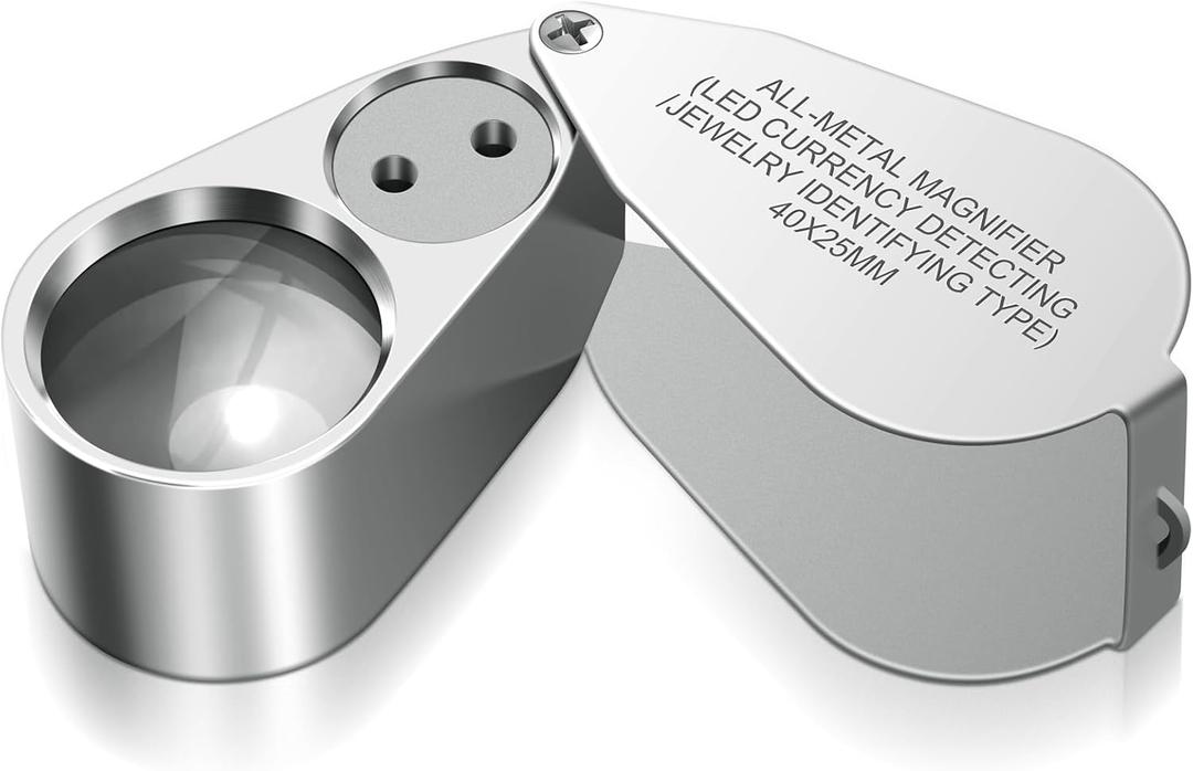 Leffis 40X Jewelers Loupe Magnifier Magnifying Glasses, LED/UV Illuminated Jewelry Loop Pocket Folding Magnifying Glass with Metal Construction for Close Work, Gardening, Kids, Stamp, Rock Collecting (1 Pack)