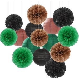 Football Party-Decorations Paper-Flowers - 15pcs Green Brown Black Tissue Pom Poms Lanterns Streamers,Birthday Baby Shower Bachelorette Hanging Supplies Decor Hugfond