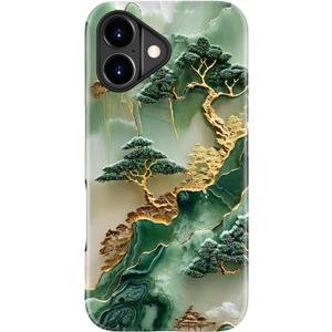 For iPhone 17 Case - Wireless Charging Compatible - Dual-Layer Hard Shell + Silicone Cover - Shockproof Protective Phone Case with Stylish Designs for Women - Gold Inlaid Jade Carving