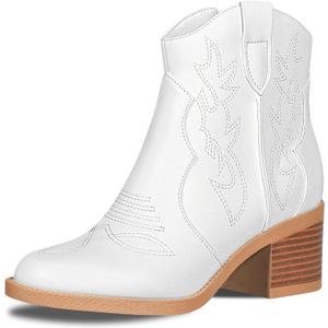 PIZZ ANNU Women's Embroidered Western Cowboy Boots Cowgirl Round Toe Short Ankle Boots Ladies Fashion Retro Classic Booties Chunky Heels (10, White)