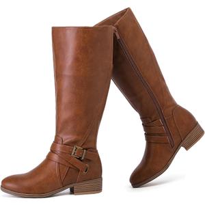 Women's Slouchy Knee High Boots Low Heel Comfort Round Toe Tall Calf Flat Riding Combat Boots for Women. (8.5, Tan Pu 113)