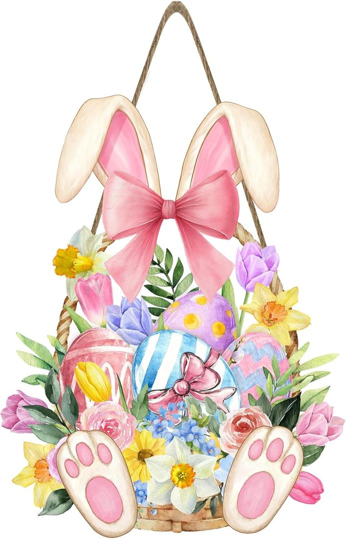 Happy Easter Wreaths for Front Door Easter Eggs Wooden Hanging Sign Cute Bunny Door Hanger Sign Spring Flower Rustic Pink Decorations for Home Front Porch Yard Window Wall Farmhouse 11.8x7.9 Inch