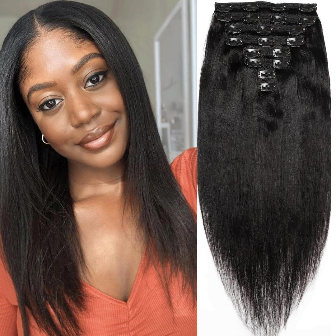 Yaki Straight Clip in Hair Extensions, 120G Full Head Real Human Hair Clip for Women Seamless Yaki Clip ins Hair Extensions for Thin Hair Natural Black 8Pcs Hair Pieces with Secure Clips (16inch-120g)