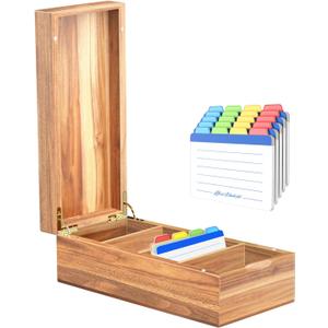Neando Acacia Wood Business Card Holder with Lid  2x3.5 Index Card Organizer with 5 Compartments, Holds 600 Cards, Magnetic Closure, 20 Blank Tabs  Rustic Desktop Filing Box for Office & Home