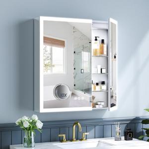 30x32 Inch Lighted Medicine Cabinet, AL Alloy Frame, Plug-in or Hardwired, Recessed or Wall Mount, Mirror Doors/3 Colors/Dimmable/Interior Sensor Light/Anti-Fog, 2 Outlets &USBs, 3 Shelves