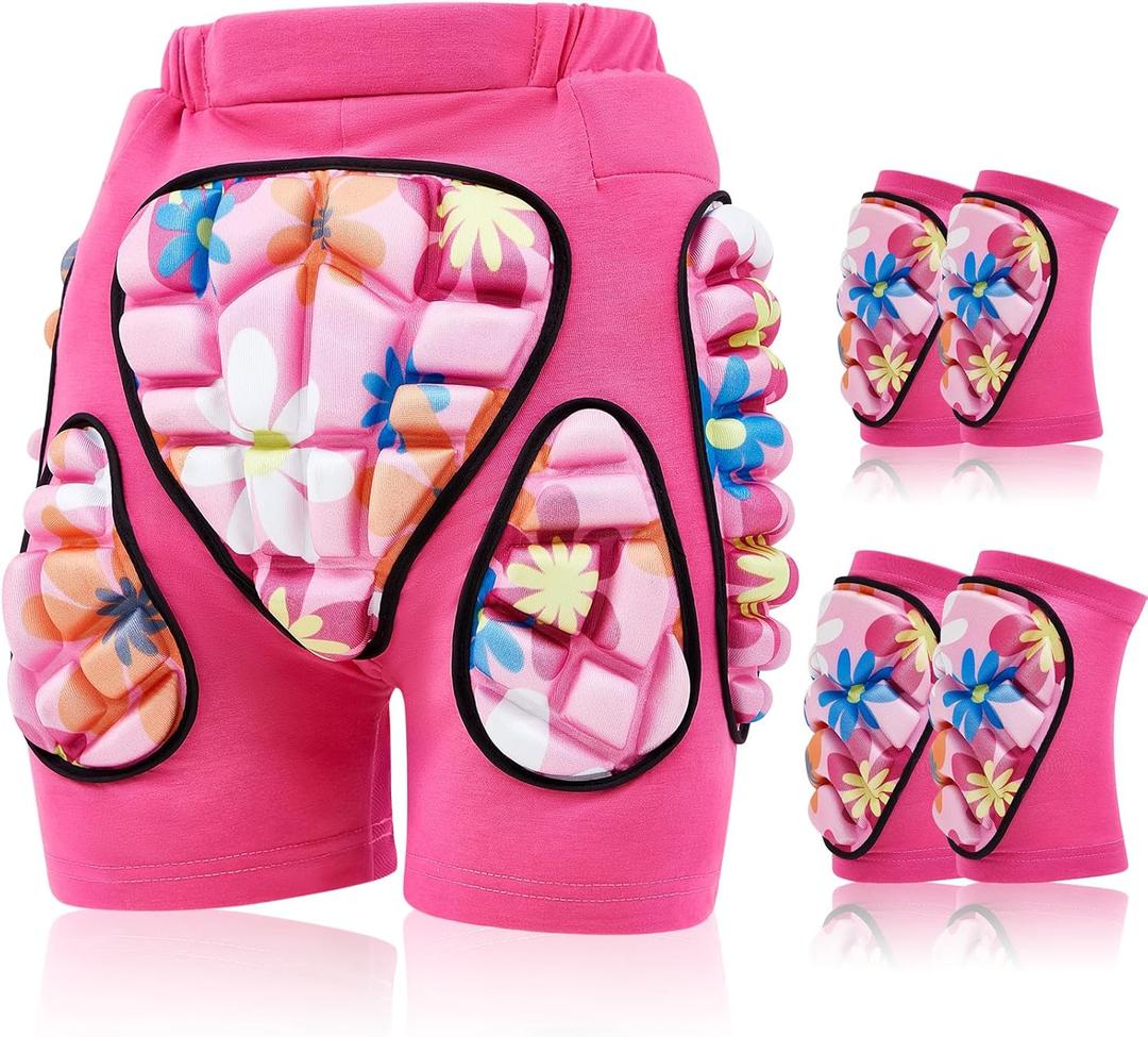 Lewtemi 3 Set Protective 3D Padded Hip EVA Short Pants Knee Pads Elbow Set Winter Protection Hip Pads Thick Non Slip Knee Sleeve Elbow Guard for Men Women Kid Ski Ice Skating (Small, Pink)