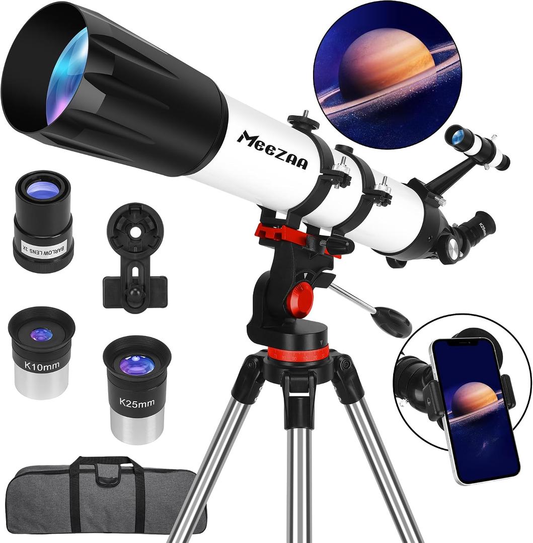 MEEZAA Telescope, Telescope for Adults High Powered Professional, 90mm Aperture 800mm Refractor Telescopes for Astronomy Beginners Fully Multi-Coated with AZ Mount Tripod & Phone Adapter & Carry Bag