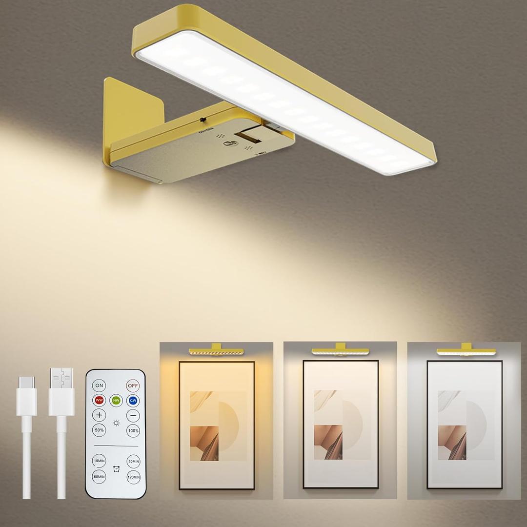 Battery Operated Picture Light, Wireless Painting Light with 3 Lighting Modes,Remote and Dimmable Timer Art Display Light for Picture Artworking Frame Portrait, Wall Decor Puck Lights (1pack-gold)