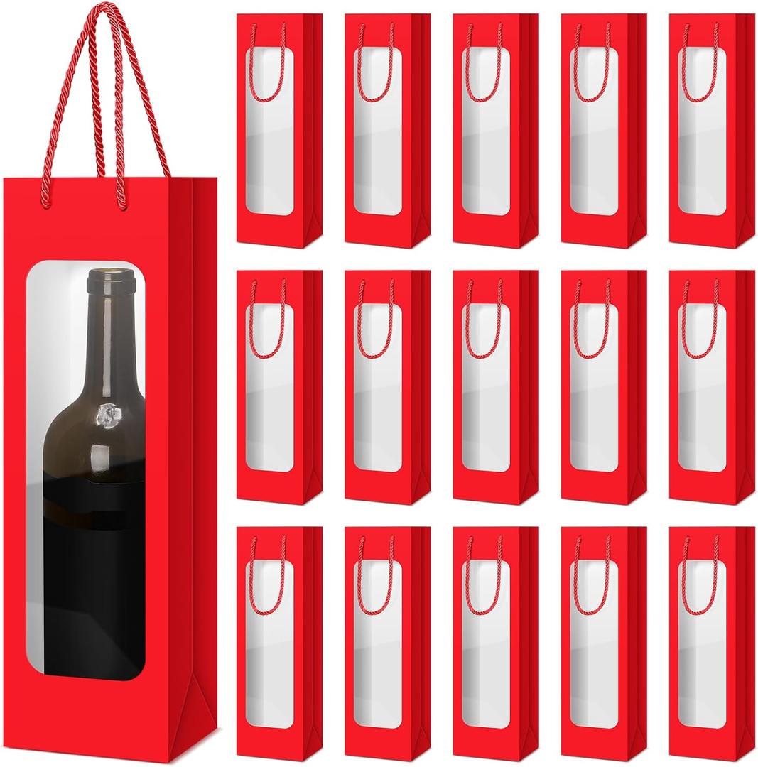 Tioncy 24 Pcs Valentines Day Single Wine Bottle Gift Bag Bulk Wedding Champagne Boxes with Clear Window Handles Reusable Holiday New Year Party Favor(Red)