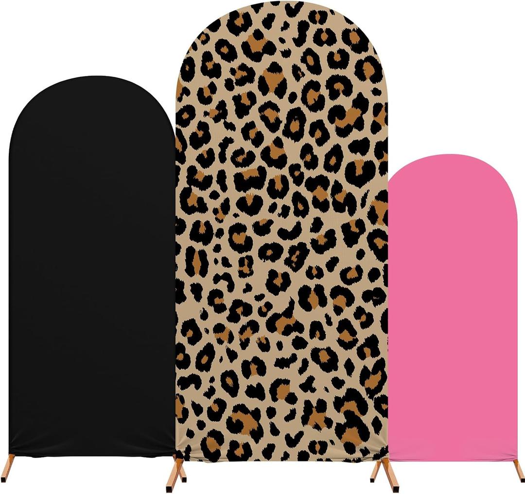 Tingjoo 3 Pcs Leopard Theme Party Cheetah Print Arch Cover Backdrop Spandex Stand Fitted Arch Cover, 4ft 5ft 6ft Photo Background Props Birthday Decor(Black Pink), 1.6 x 4ft, 2.1 x 5ft, 2.6 x 6ft