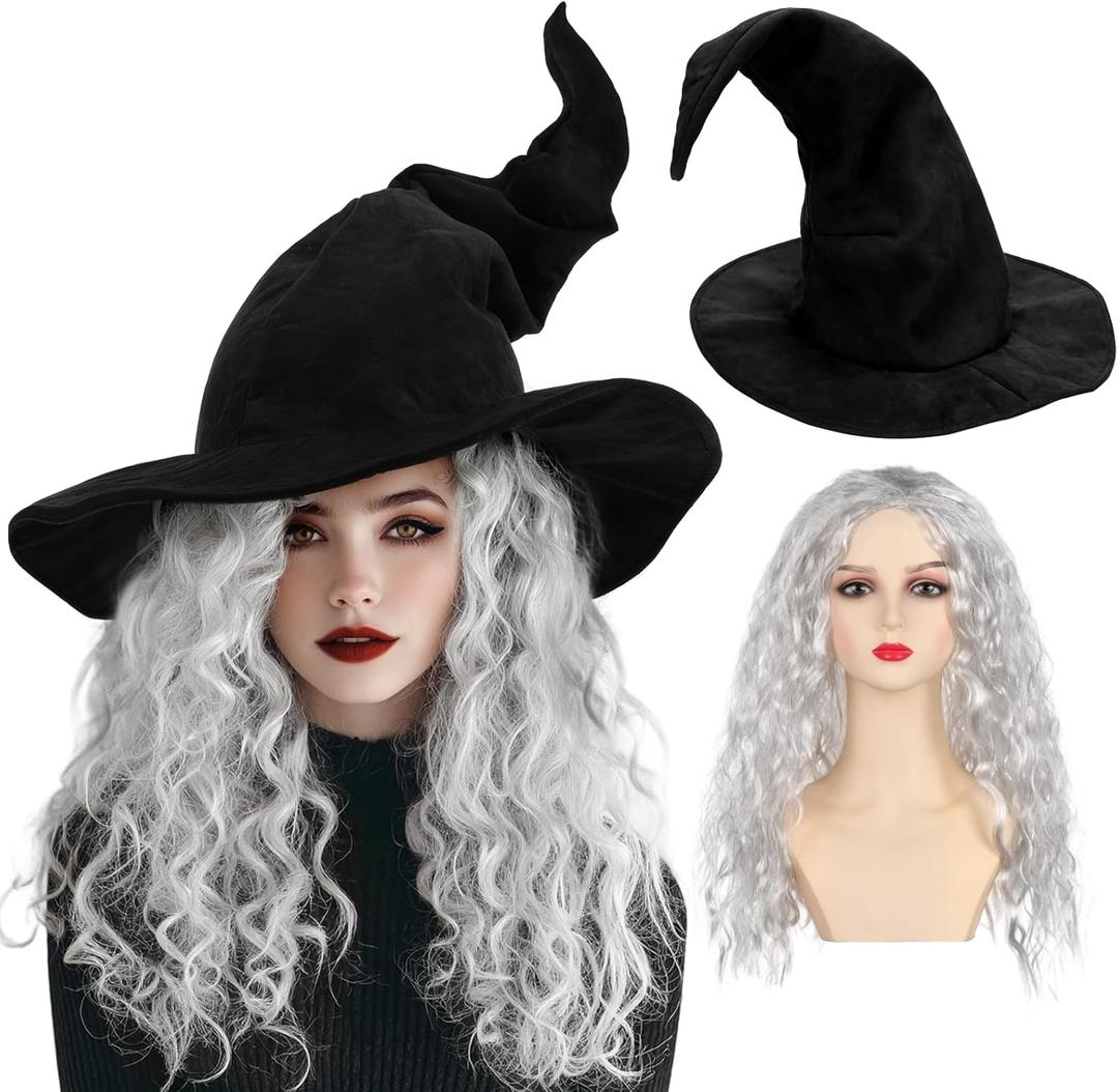Forwe Wizard Hat Witch Hat Wizard Beard and Wig Set Halloween Costume Accessory for Men Women (Black)