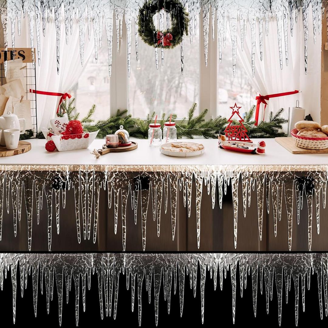 1 Pc Christmas Glitter Icicle Fringe 12x8 inch Artificial Fake Christmas Icicle Trim Plastic Hanging Clear Fringe Borders for Village Holiday Winter Indoor Outdoor Decor