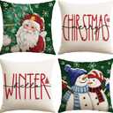 OTOSTAR Set of 4 Green Christmas Throw Pillow Covers 20x20 Inch Winter Xmas Decorative Pillow Case Cover for Sofa Living Room Holiday Decor (Green- Santa Claus and Couple Snowman)