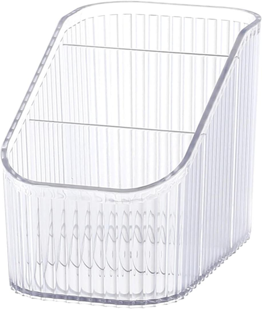 DASITON Large Capacity Makeup Brush Holder,3 Slot Makeup Brush Cup,Vintage striped Make Up Brush Holder,for Vanity Decor,Bathroom Countertops,Desk Storage Container,Cosmetic Display cases(Clear-S)