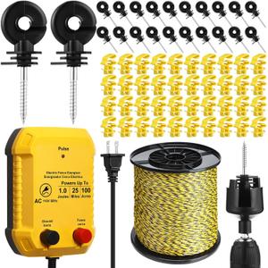 MorningRo Electric Wire Fence Kit, 25 Mile 110VAC 1 J Plug in Fence Charger with 3366 FT Polywire, 40 T Post Insulators, 20 Screw in Insulators for Pasture Farm Horse Cattle Poultry Fencing