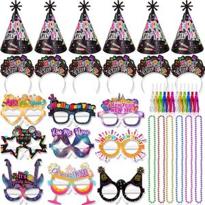 HOWAF 2026 New Year Eve Party Supplies, Happy New Year Tiaras Headband, 2026 New Year Glasses Top Hats Fringed Noisemaker and Necklace, Black and Colorful New Year's Eve Party Favors