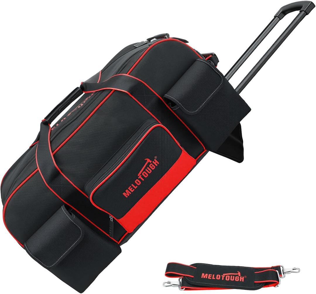MELOTOUGH Rolling Tool Bag with Wheels,Large Capacity Tool Bag Organizer with Concealed Telescoping Handle for Electrician,Construction,HVAC,Technician (Red/Black)