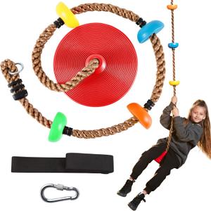 TURFEE Tree Swing for Kids, Single Disk 6 Ft Outdoor Climbing Rope, Carabiner & 4 Ft Tree Strap, Playground Accessories - Multi-Colored Disc Swing Seat-Red