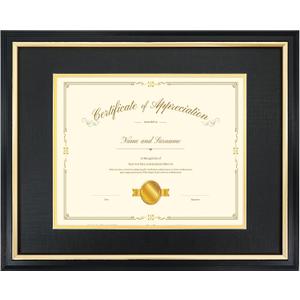 11x14 Document Frame with (Black/ Gold) Double Mat or 8x10 Without Mat for Certificate/ Diploma/ Picture, Solid Wood Degree Frame, Real Glass，Wall Display and Tabletop