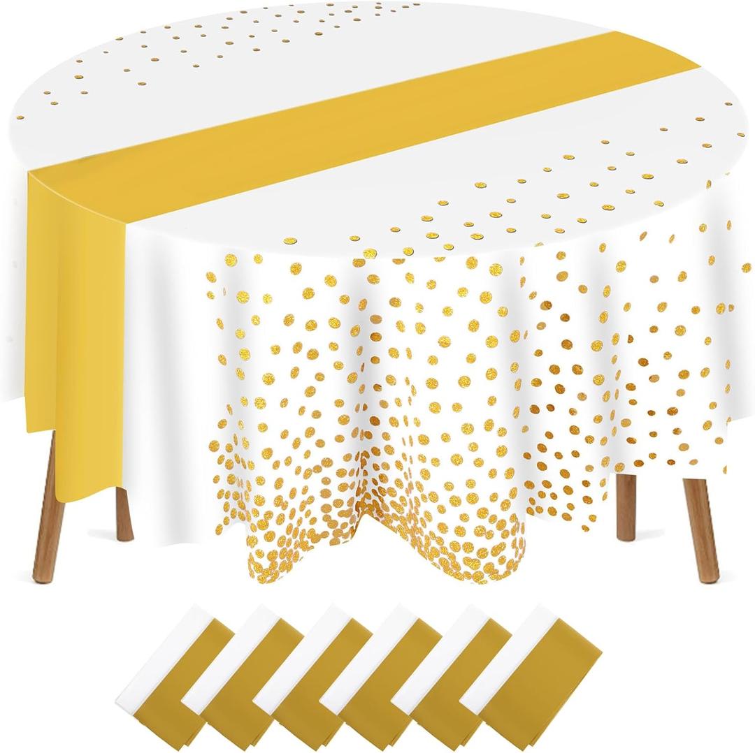 Newwiee 84 Inch Polka Dot Round Disposable Tablecloths Plastic Tablecover Plastic Tablecloth with Runner Printed for Prom Graduation Wedding Spring Birthday Party(White, Gold,6 Pcs)