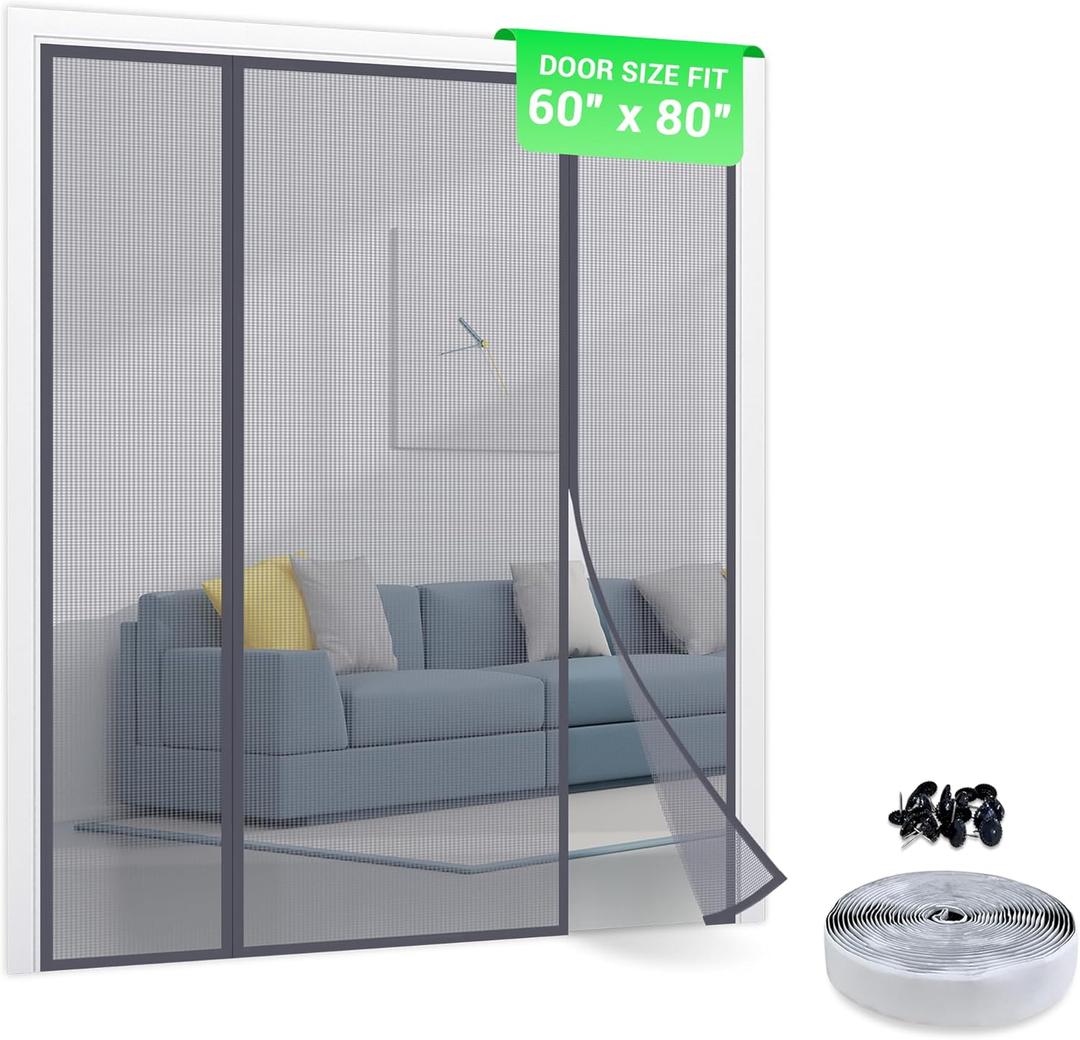 TheFitLife Fiberglass Magnetic Screen Door - Heavy Duty Mesh with Full Frame Hook and Loop Powerful Magnets That Closure Automatically, Door Screen Mesh Net (62x81 inch)