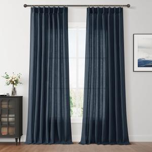 Aersas Pinch Pleated Vintage Blue Linen Curtains 90 Inches Long for Living Room 2 Panel Set Pleat Semi Sheer Back Tab Dark Blue Drapes Kids Room Modren Curtain for Bedroom Window, 40 Inch x 90 Inch