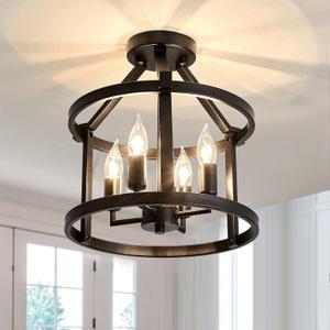 UOFUS Metal Semi Flush Mount Ceiling Light Fixture 4 Candle Holder Matte Chandelier Farmhouse Ceiling Lamp for Dining Room Bedroom Kitchen Hallway Entryway, Black