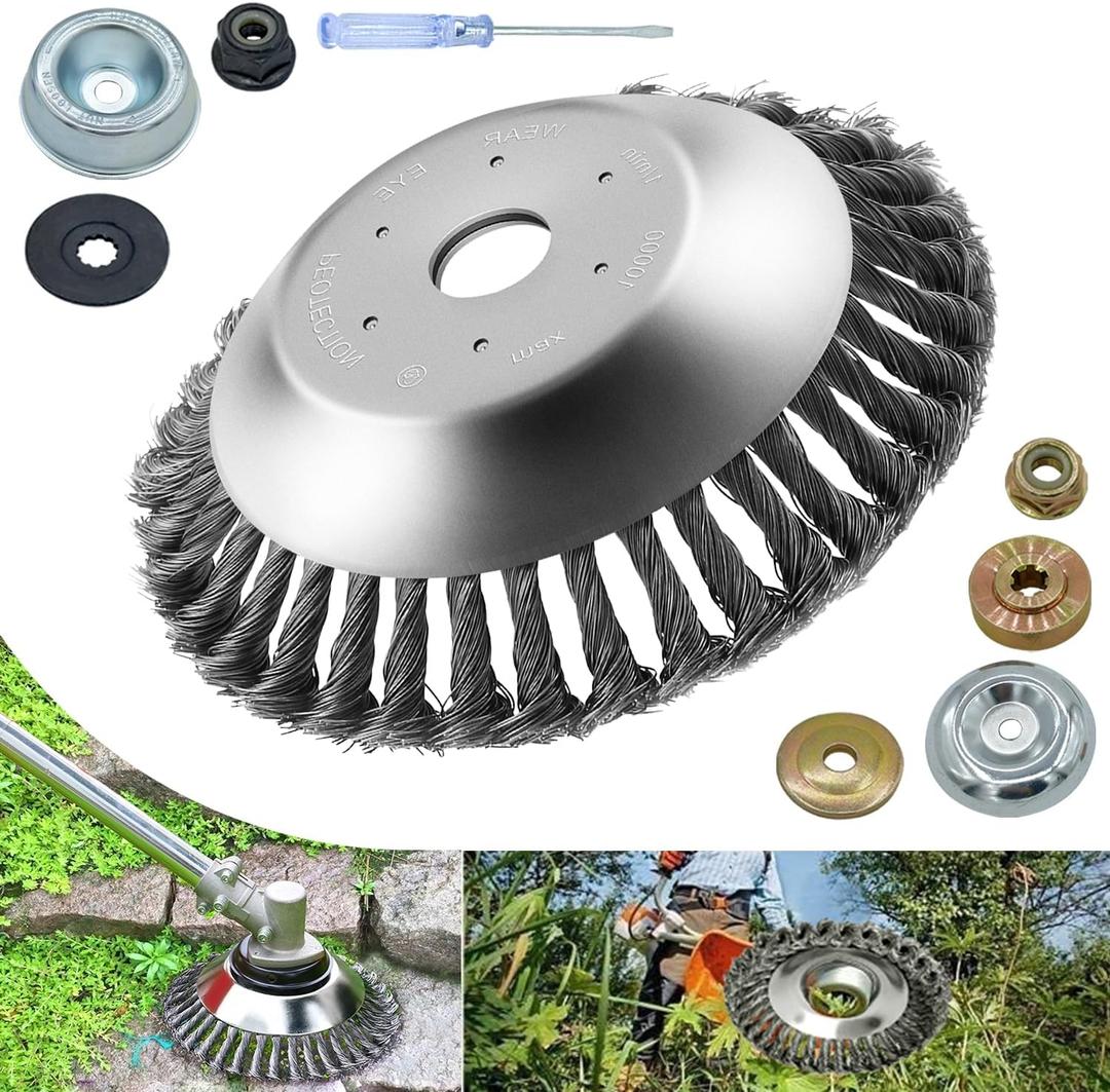 8 Inch Steel Wire Rotary Weed Brush Cutter Trimmer Head for Weed Cutter Eater, Unbreakable Wired Trimmer Blade, Weed Trimmer Eater Head with Adapter Kits for Moss Grass Rust Removal