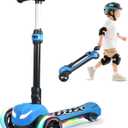 Electric Scooter for Kids Ages 3-12, Full Body Lights Up, Wide Deck, 3 Adjustable Heights, 5MPH Safe Speed, 90min Riding, Foldable 3 Wheel Electric Scooter for Kids Boys Girls Toddler (Blue + Pull Handle)