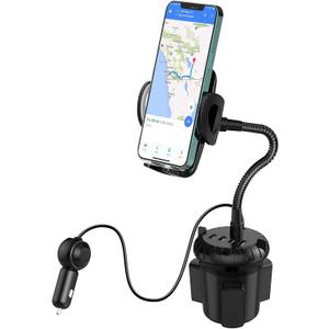 4-Port USB Car Charger with Cup Holder Phone Mount, Rapid Multi Port Charger, Adjustable Gooseneck Rotatable Holder for Smartphones