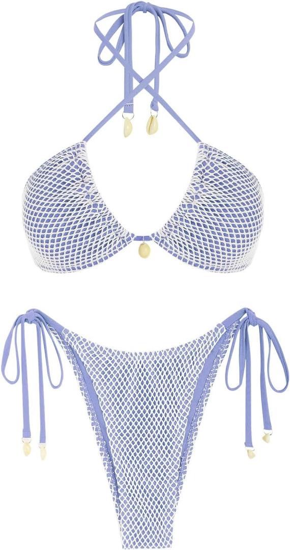 seamoly Women's Bikini Sets Halter Fishnet Shell Decorated Two Piece Swimsuit Sexy Side Tie Thong Bandeau Bathing Suits (XS)