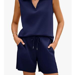 Glamaker Womens Two Piece Short Sets Summer V Neck Travel Outfits Sweatsuits Sleeveless Lounge Sets Tracksuit Large, Blue