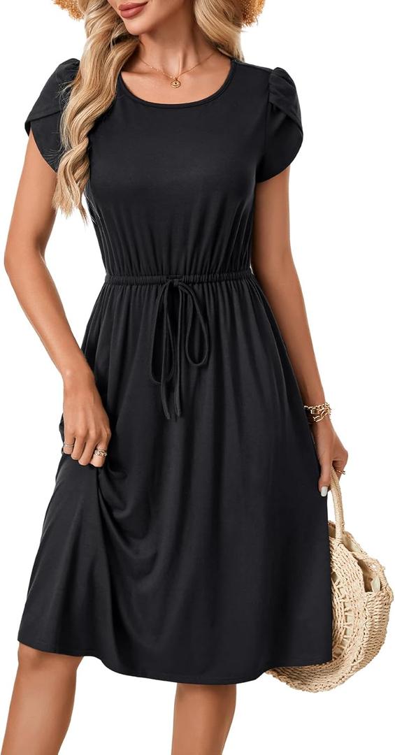 LYANER Women's Ruched Crew Neck Petal Sleeve A Line Drawstring Vacation Knee Length Dress (Black, XL)